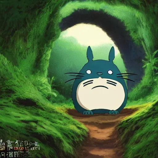 Prompt: cat shaped like totoro looking into large cave entrance in a lush forest, studio ghibli style, by hayao miyazaki, sharp focus, highly detailed, 4k