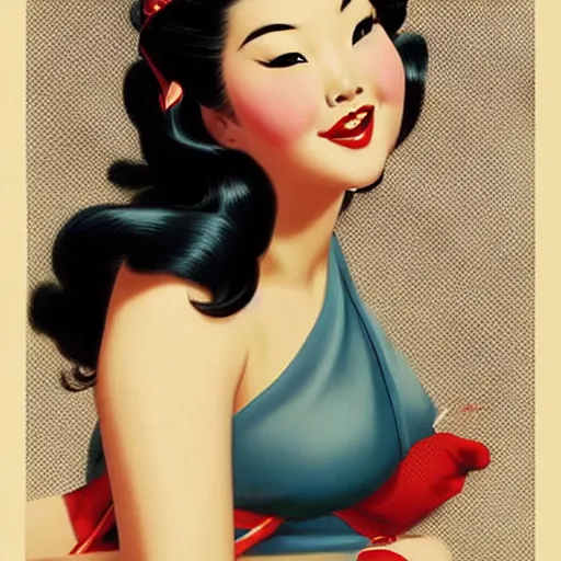 Prompt: pin - up portrait of a beautiful young curvaceous mulan, pretty long hair, symmetrical face, digital art, smooth, extremely detailed,, by wu bayard, by gil elvgren, by ralph horsley, by hanks steve