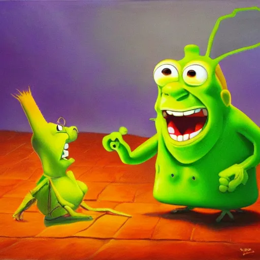 Prompt: shreck vs sponge bob, dramatic light, oil painting