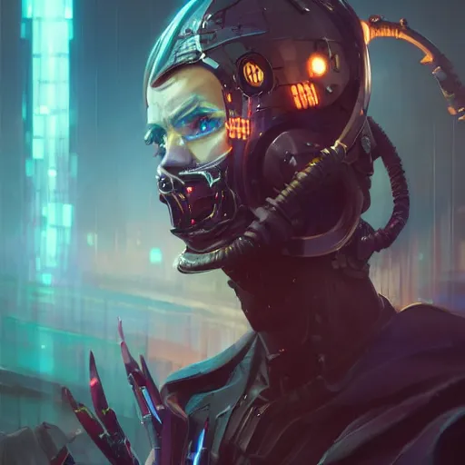 Image similar to portrait of a malevolent cybernetic villain, cyberpunk concept art by pete mohrbacher and artgerm and wlop and greg rutkowski and deathburger, digital art, highly detailed, intricate, sci-fi, sharp focus, Trending on Artstation HQ, deviantart, unreal engine 5, 4K UHD image