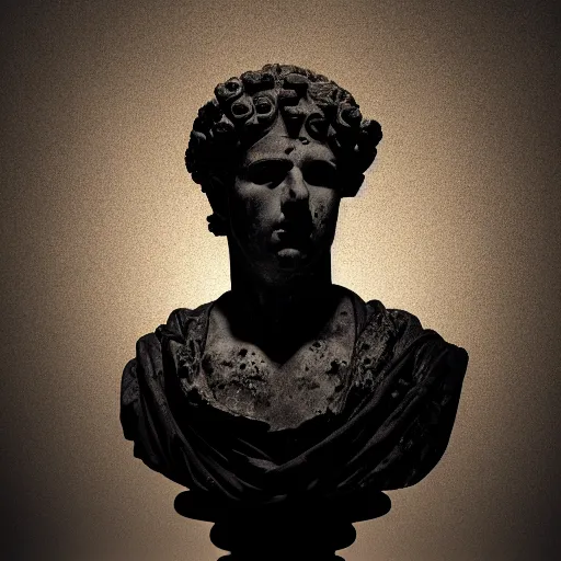 Prompt: an ancient Roman bust engulfed in flames in a pitch black room, high contrast, black, realistic