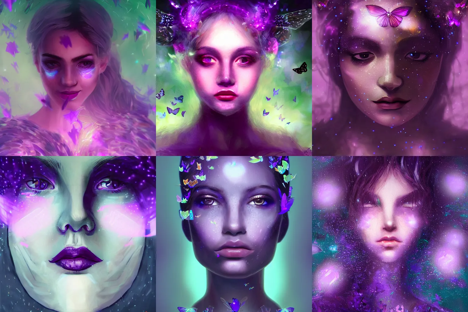 Prompt: closeup portrait of an ethereal person made of purple light, surrounded by butterflies, dark high-contrast concept art, trending on Artstation