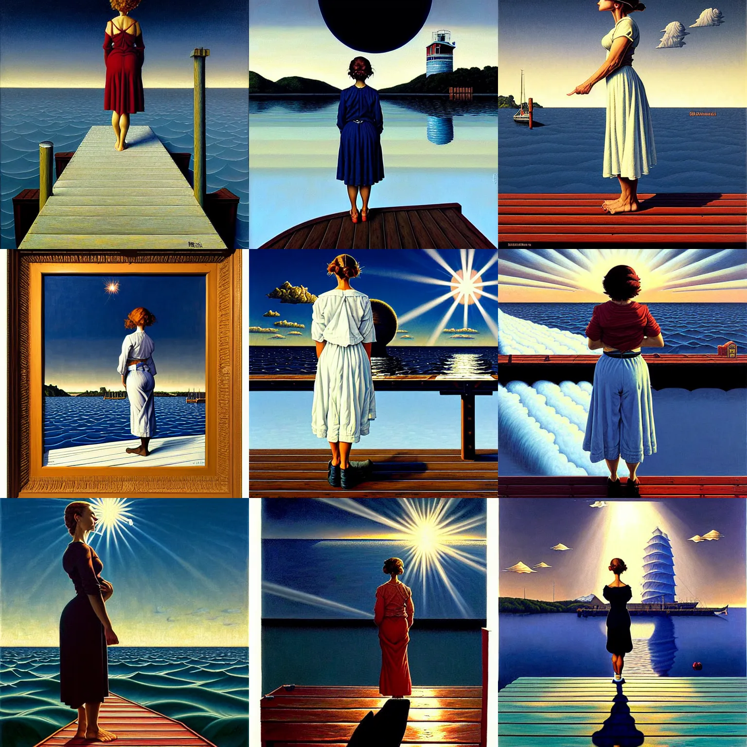 Prompt: a painting of a woman standing on a dock by rob gonsalves and brom and norman rockwell, hyperrealism, precisionism, art deco, surrealist, chiaroscuro, sunburst behind woman, highly detailed