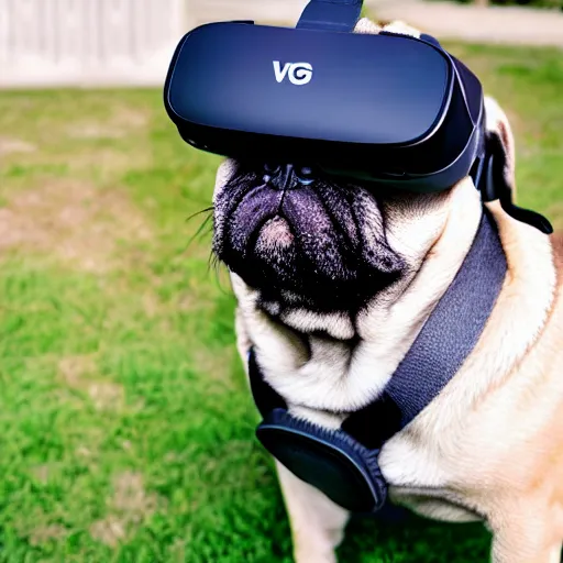 Prompt: a pug wearing a VR headset. Photorealistic.