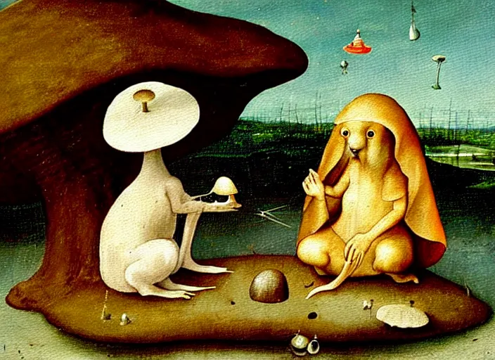 Image similar to a painting of a cute creature sitting next to a mushroom, detailed, realistic, in style of hieronymus bosch