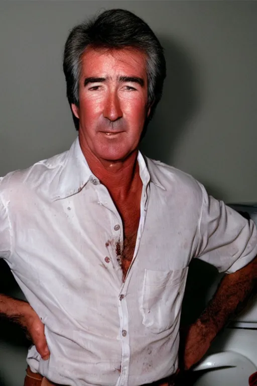 Image similar to randy mantooth smeared with chocolate, wearing white underpants, standing by a dirty toilet