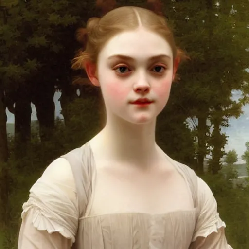 Image similar to A masterpiece head and shoulders portrait of Elle Fanning by William Adolphe Bouguereau and Junji Ito