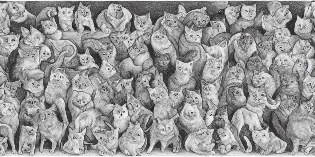 Prompt: a tessellation pattern of cats on the left and dogs on the right, pencil drawing by m. c. escher