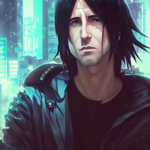 Image similar to An anime portrait of Trent Reznor in a cyberpunk setting, by Stanley Artgerm Lau, WLOP, Rossdraws, James Jean, Andrei Riabovitchev, Marc Simonetti, and Sakimichan, tranding on artstation