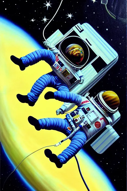 Image similar to a hyperrealistic painting of an astronaut being pulled into the vacuum of space. cinematic horror by jimmy alonzo, the art of skinner, chris cunningham, lisa frank, richard corben, highly detailed, vivid color,