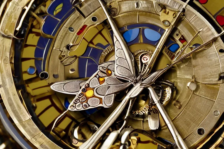 Prompt: macro photograph of a mechanical butterfly | jeweled clockwork butterfly | by Vermeer | featured on Artstation