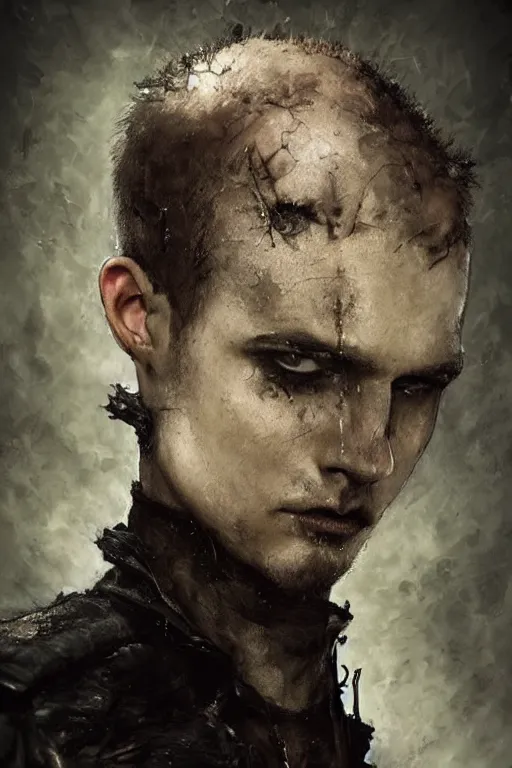 Image similar to a rough looking young man, buzzed hair, gothic, tattered leather coat, intricate, elegant, dramatic lighting, gorgeous face, highly detailed, lifelike, photorealistic, digital painting, artstation, illustration, concept art, smooth, sharp focus, art by John Collier and Albert Aublet and Krenz Cushart and Artem Demura and Alphonse Mucha