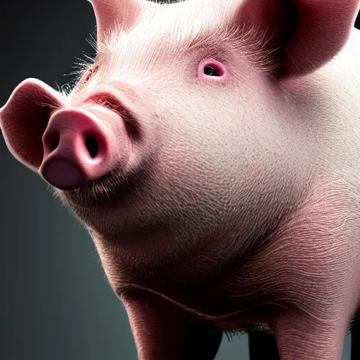 Image similar to photorealistic closeup portrait of pig, art photography, horror, sigma 5 0 mm, f 1. 8, insane details, hyper realistic, 8 k, full figure poster, volumetric lighting, very detailed face, 4 k, award winning