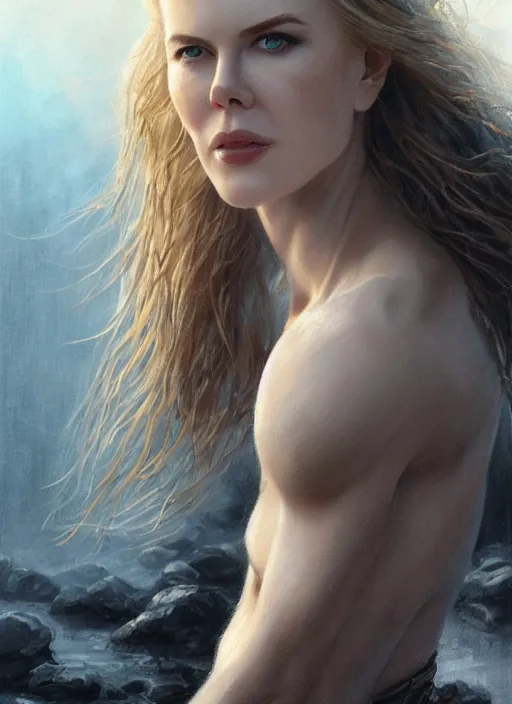 Image similar to girl looks like nicole kidman with pale white skin and long blonde hair, muscular upper body, beautiful highly detailed face, complementary lighting, backlit, black eyeshadow, dark eyes, adventure, dramatic lighting, landscape background, beautiful painting by artgerm and greg rutkowski and raymond swanland