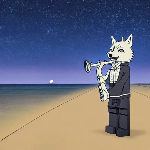 Image similar to modern anime still of beastars legoshi the anthro male grey wolf in a boarding school uniform, playing saxophone on a moonlit beach, official studio anime still
