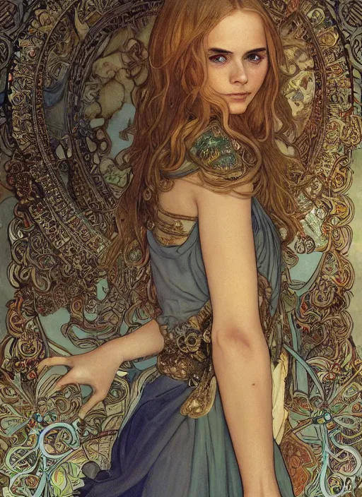 Image similar to Klara Delevingne as God of Fashion, cute, fantasy, intricate, elegant, highly detailed, digital painting, 4k, HDR, concept art, smooth, sharp focus, illustration, art by alphonse mucha,artgerm, H R Giger