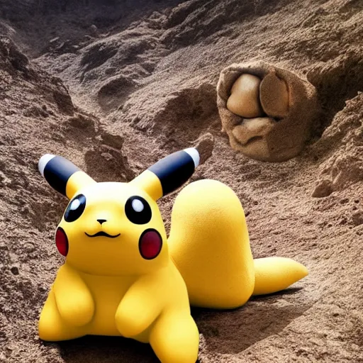 Prompt: a giant stone Pikachu buried in a mountain, realistic photo, professional photo, trending on artstation, HDR, 8k, documentary photo