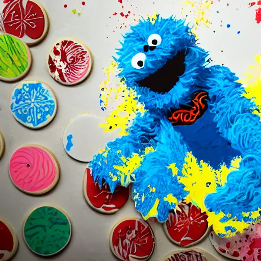 Image similar to die cut sticker, the cookie monster breakdancing, splatter paint