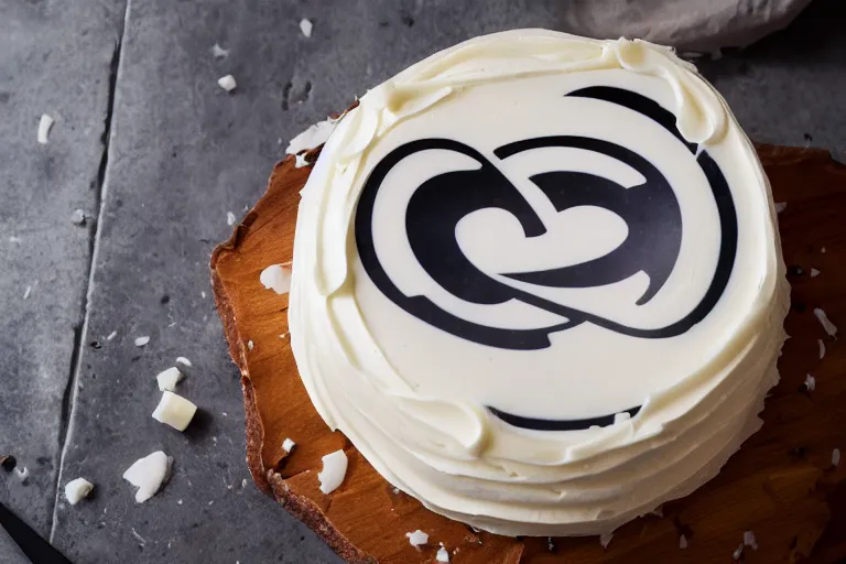 Image similar to a vanilla cake with aphex twin logo frosting on top, product photography