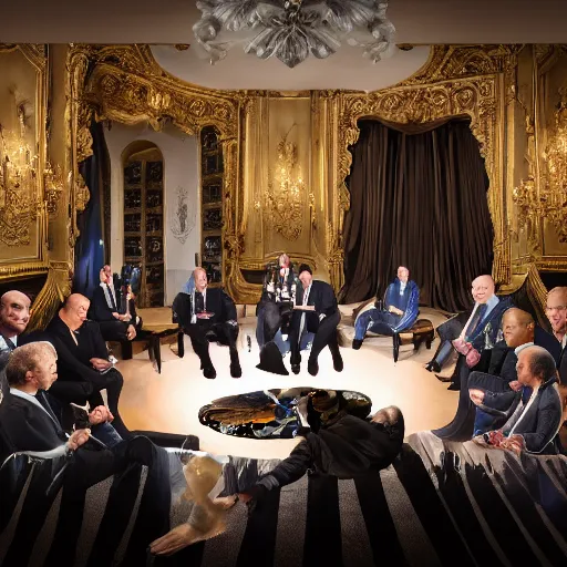 Image similar to A reptilian conspiracy meeting led by Emmanuel Macron, cult, meeting, illuminati, photography, studio portrait, volumetric lighting, nikon, canon, f3.2, 14mm, wide angle