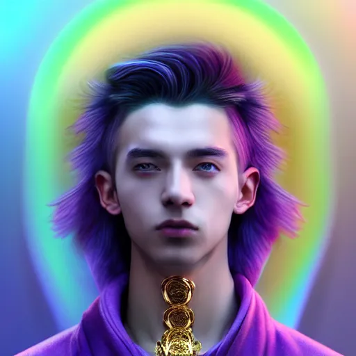 Image similar to hyperdetailed close portrait of a stunningly beautiful ukrainian boy androgynous wizard guard made of iridescent metals and shiny purple gems, bright rainbow nimbus, golden necklace, smoke background inspired by ross tran and masamune shirow and kuvshinov, concept art, intricate, photorealistic, octane render, rtx, hdr, unreal engine, dnd digital art by artgerm