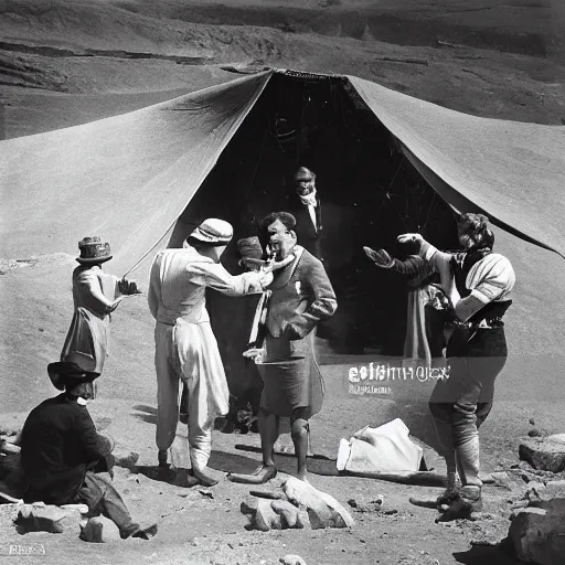 Image similar to English gentleman silent movie star performs monologue to archaeologist expedition audience at dig site in Egypt to distract them while his accomplishes sneak into expedition leader's tent. set in 1920s