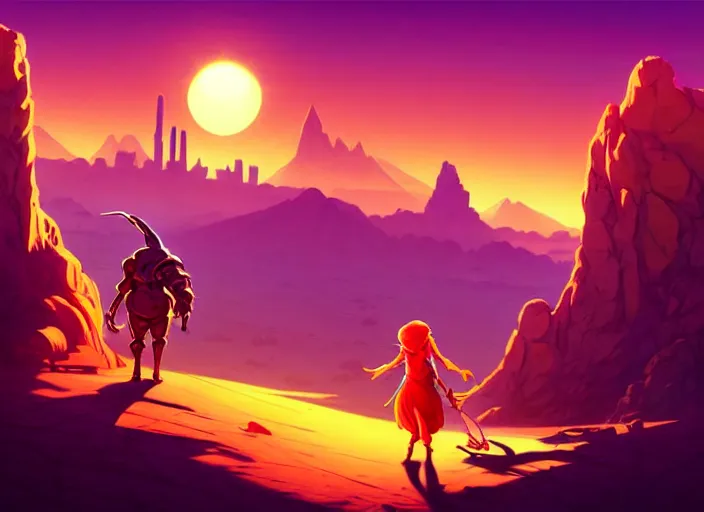Prompt: cel shading, science fiction pc game point - and - click adventure, a whispered world by daedelic, desert with city in the skyline, two suns, purple orange colors, sharp focus, illustration, highly detailed, digital painting, concept art, matte, art by wlop and artgerm and greg rutkowski, masterpiece