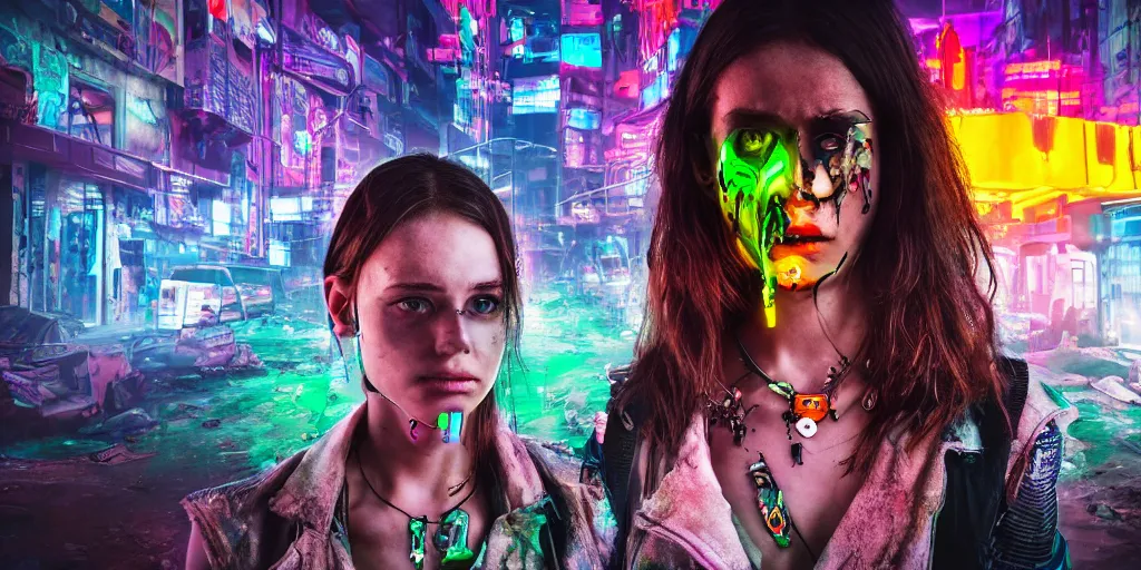 Image similar to post apocalyptic scene with half android half female wearing jewelry along mutated animals and colorful neon from far dystopian city, ultra wild lens, high details, 8k