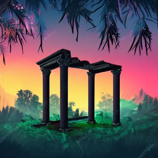 Image similar to roman structure in the forest, epic retrowave art, trending on art station