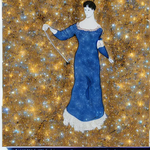 Prompt: The body art features a woman with wings made of stars, surrounded by a blue and white night sky. The woman is holding a staff in one hand, and a star in the other. She is wearing a billowing white dress, and her hair is blowing in the wind. Pride & Prejudice, papaya whip by Pamela Coleman Smith ordered, a e s t h e t i c