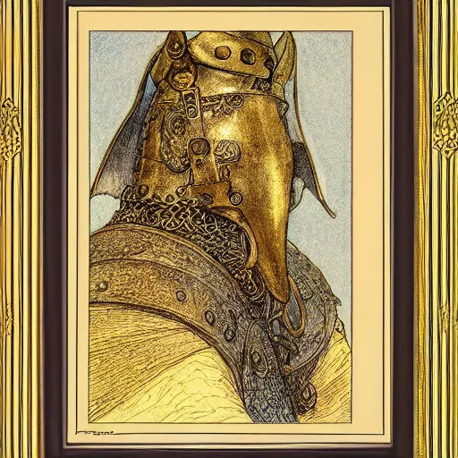 Prompt: portrait of knight, golden hour, illustration by Brian Froud and John Bauer, ornate lineart