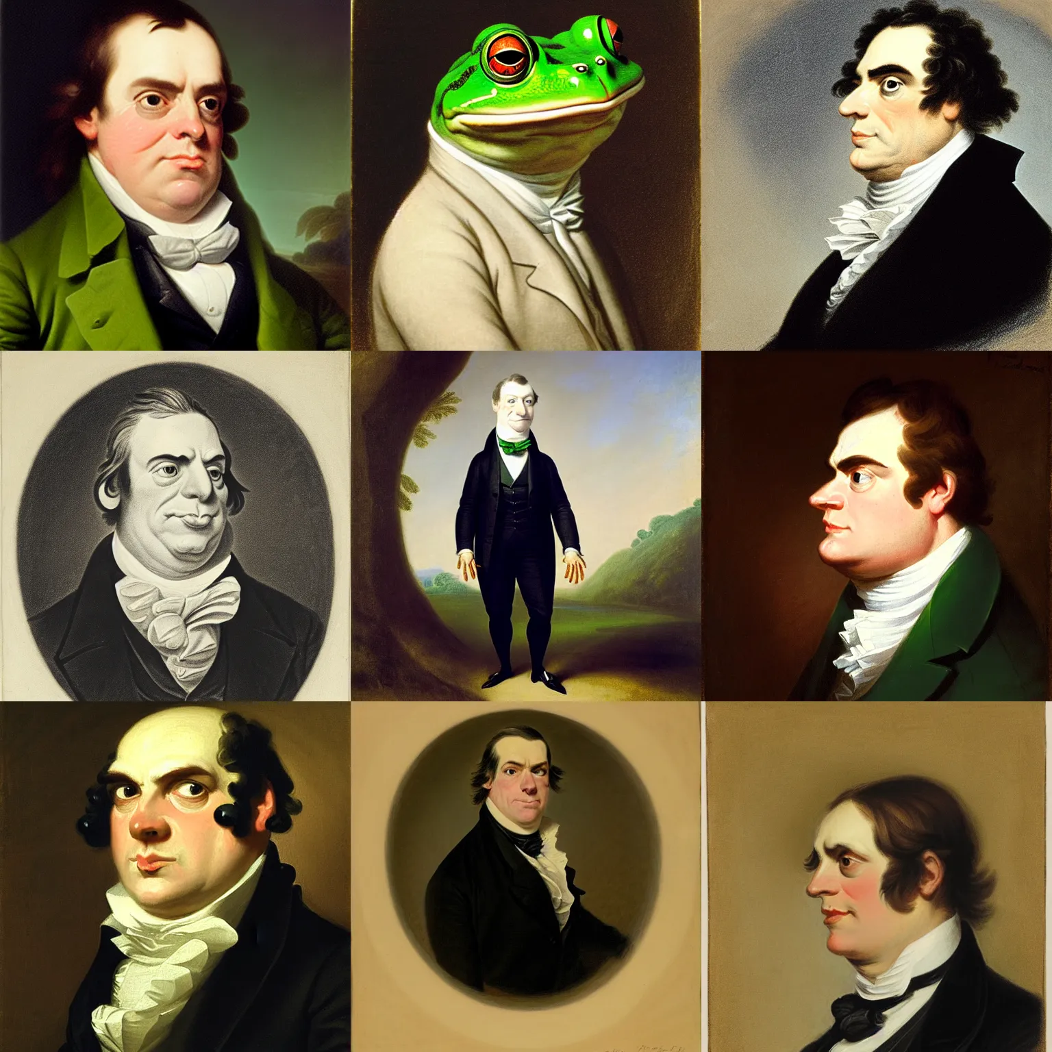 Prompt: a head and shoulders portrait of an anthropomorphic frog wearing a suit looking off camera, a character portrait by john trumbull, american romanticism, soft focus