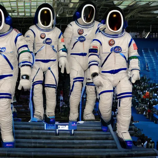 Image similar to 5 space astronauts in spacesuits of different colors, running in a relay race in a stadium, olympic games