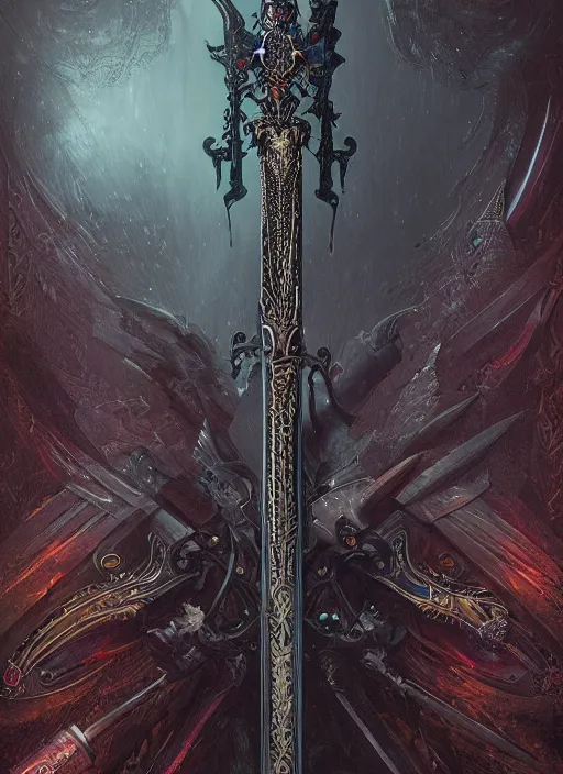 Prompt: legendary sword of technology, intricate black and iridescent blade, ornate gothic baroque spikes, glowing handle, detailed realistic, ray tracing, colored gems, art by greg rutkowski