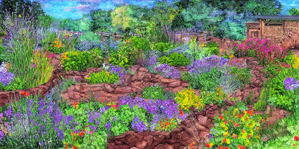 Prompt: backyard garden, in the valley of the wind. Digital art, big scale. Canyons