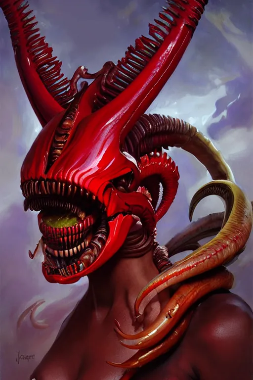 Image similar to painted close - up portrait of a very attractive red - skinned intimidating demon xenomorph queen with ram horns! oil painting, wearing a noblewoman's outfit, fantasy art by john singer sargent and gaston bussiere and james jean and greg rutkowski, demon noble character design, hd