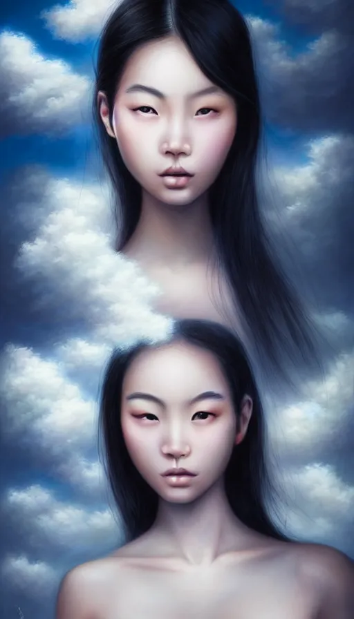 Image similar to photo of a gorgeous young asian girl , searching for eternity, made of clouds, duality in the style of stefan kostic, hyper realistic, sharp focus, 8k high definition, high fashion, vogue, insanely detailed, intricate, elegant, art by stanley lau and artgerm