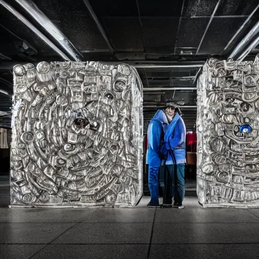 Prompt: a photo portrait of two homeless creating a time machine from aluminium cans and cardboard boxes. symmetry. awesome exposition. very detailed, professional lighting diffracted lightrays, 8 k, sense of awe