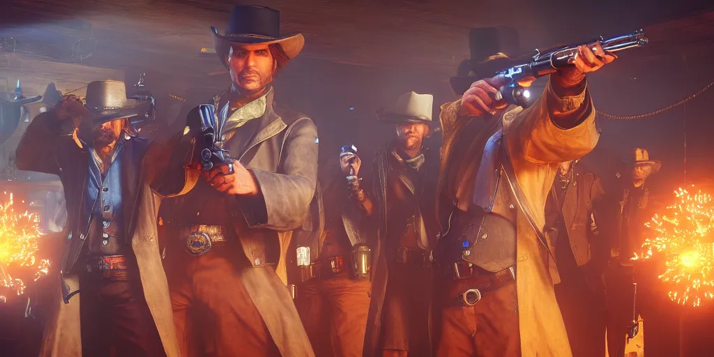 Image similar to a futuristic cowboy holding a glowing revolver to his enemies in a steampunk themed bar, red dead redemption 2, trending on artstation, digital art, award winning, cinematic lightning, god rays