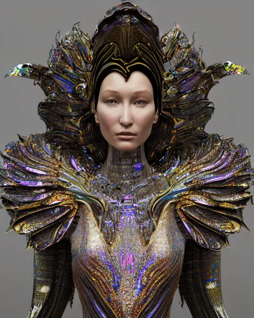 Image similar to a highly detailed metahuman 4 k close up render of an alien goddess bella hadid monument in iris van herpen dress schiaparelli in diamonds crystals swarovski and jewelry iridescent in style of alphonse mucha gustav klimt trending on artstation made in unreal engine 4