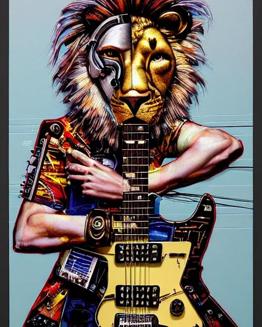 Prompt: a portrait of an anthropomorphic cyberpunk lion shredding an electric guitar as the guitar melts by sandra chevrier, by jon foster, detailed render, tape deck, epic composition, cybernetics, 4 k realistic, cryengine, realistic shaded lighting, sharp focus, masterpiece, by enki bilal