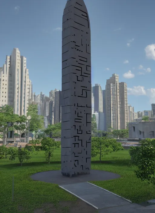 Image similar to highly detailed realistic architecture 3 d render of a futurisctic stele made from atoms standing in a city park, archdaily, made in unreal engine 4 octane render