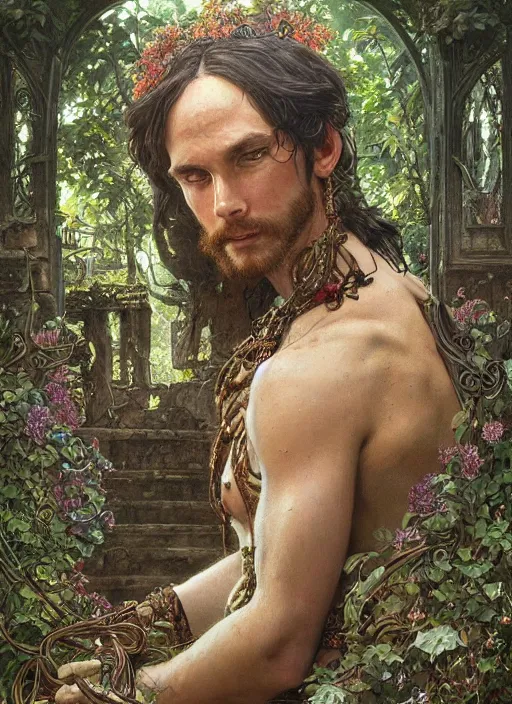 Image similar to intricate detailed portrait painting of a male druid, temple ruins surrounded by lush forest, afternoon, intricate, elegant, highly detailed, digital painting, sharp, focus, illustration art by artgerm and greg rutkowski and alphonse mucha