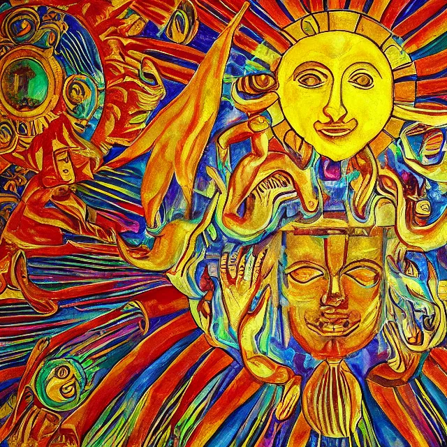 Prompt: dissection of sun god made of shining light, mythical painting