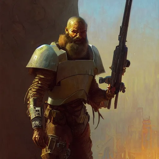 Prompt: handsome, brown - bearded far - future resistance fighter wearing partial byzantine power armor and shemagh carrying slender laser rifle with bayonet by greg rutkowski, beksinski, alphonse mucha, deak ferrand, anato finnstark, and rembrandt