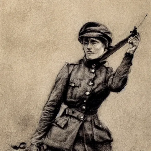 Image similar to ww 1 action heroine by alfred stevens in charcoal