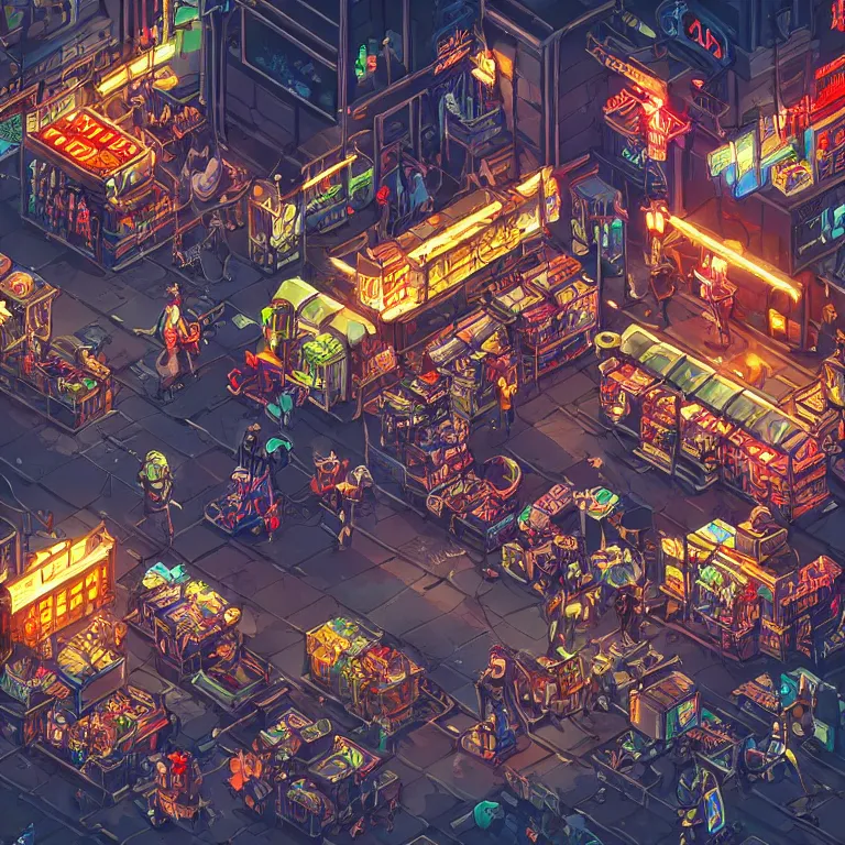 Image similar to fantastic lighting, pixel art, high detail, cyberpunk market, 2 d