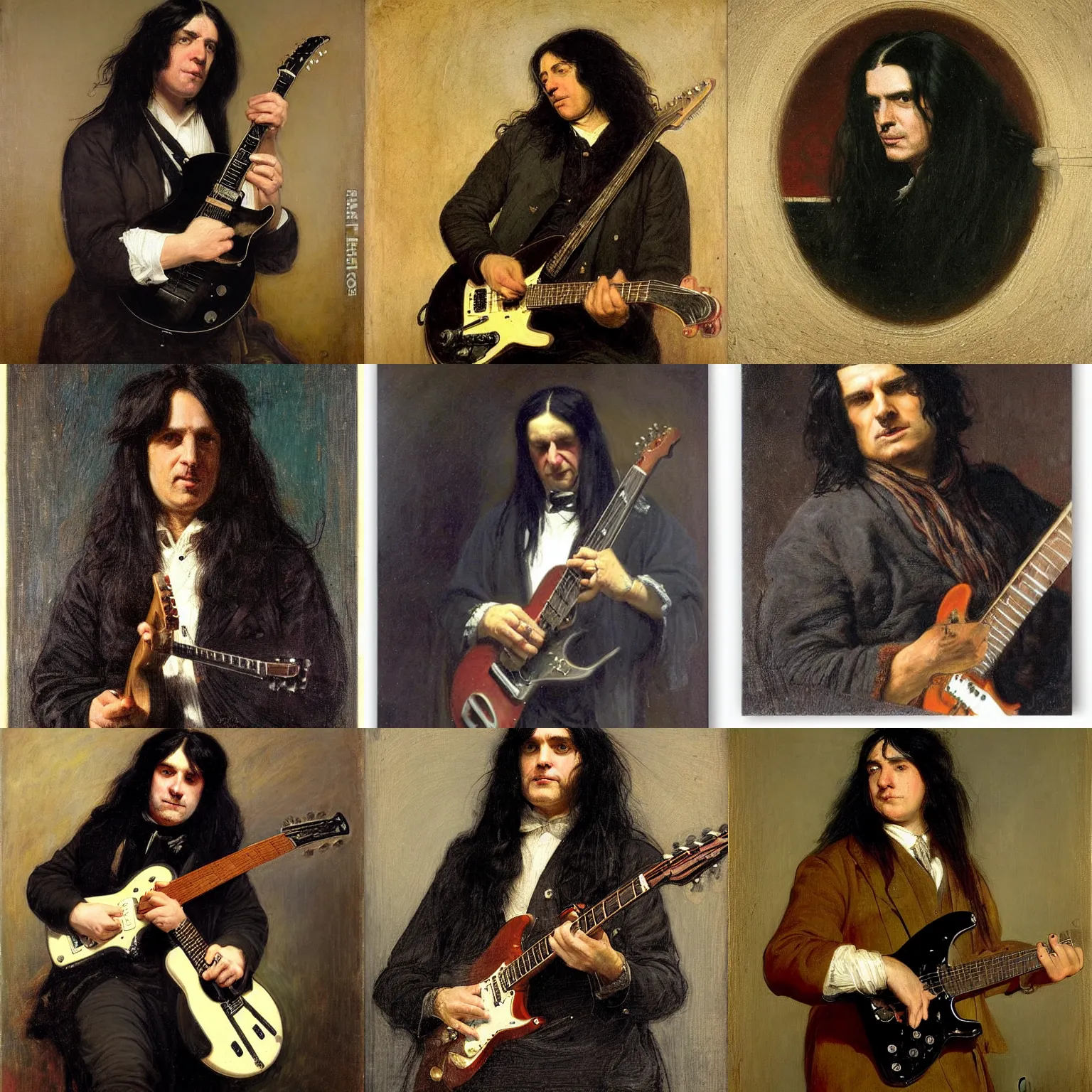 Prompt: a portrait of a man with long black hair playing electric guitar by samuel luke fildes