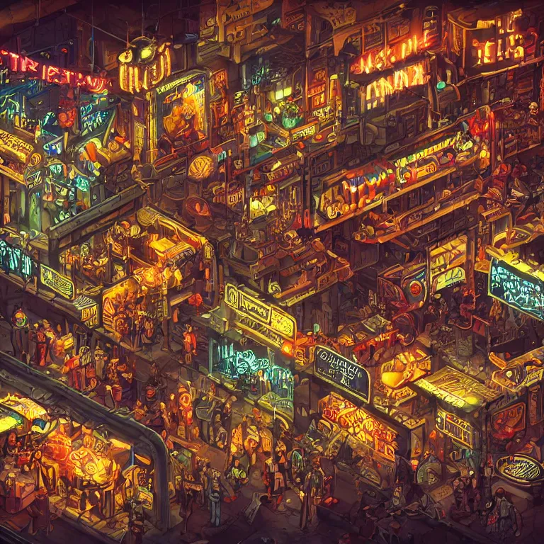 Image similar to fantastic lighting, pixel art, high detail, dieselpunk market, neon lights, 2 d