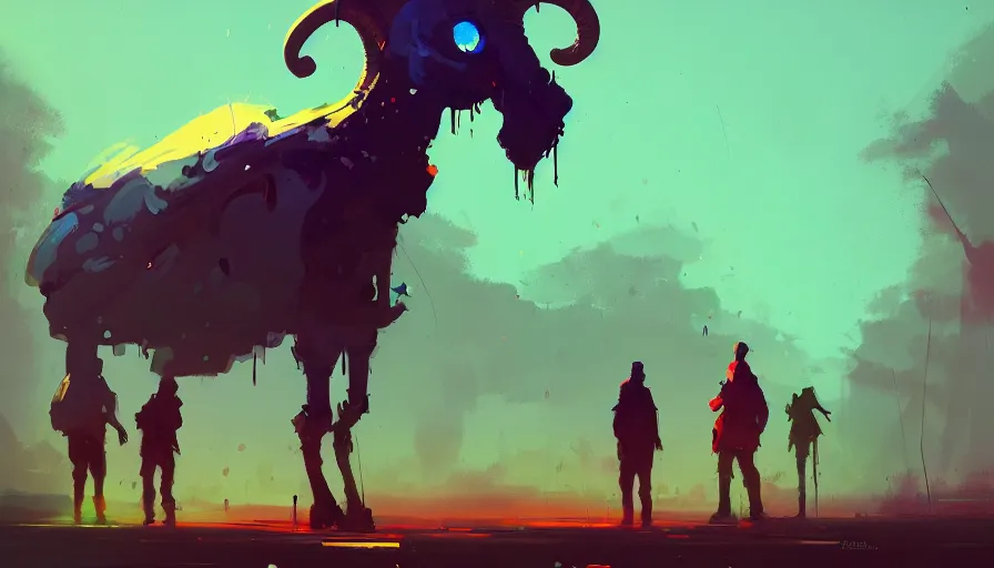 Image similar to ismail inceoglu and jama jurabaev's concept art, cel shadow, film shooting, trends on artstation, high quality, brush strokes, bright colors, a giant demon goat skull buried in the mysterious rain forest